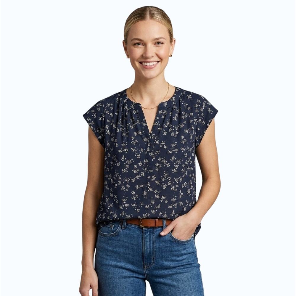 41 Hawthorn Cap Sleeve Blouse Navy Blue Floral Split Neck Women Medium NWT